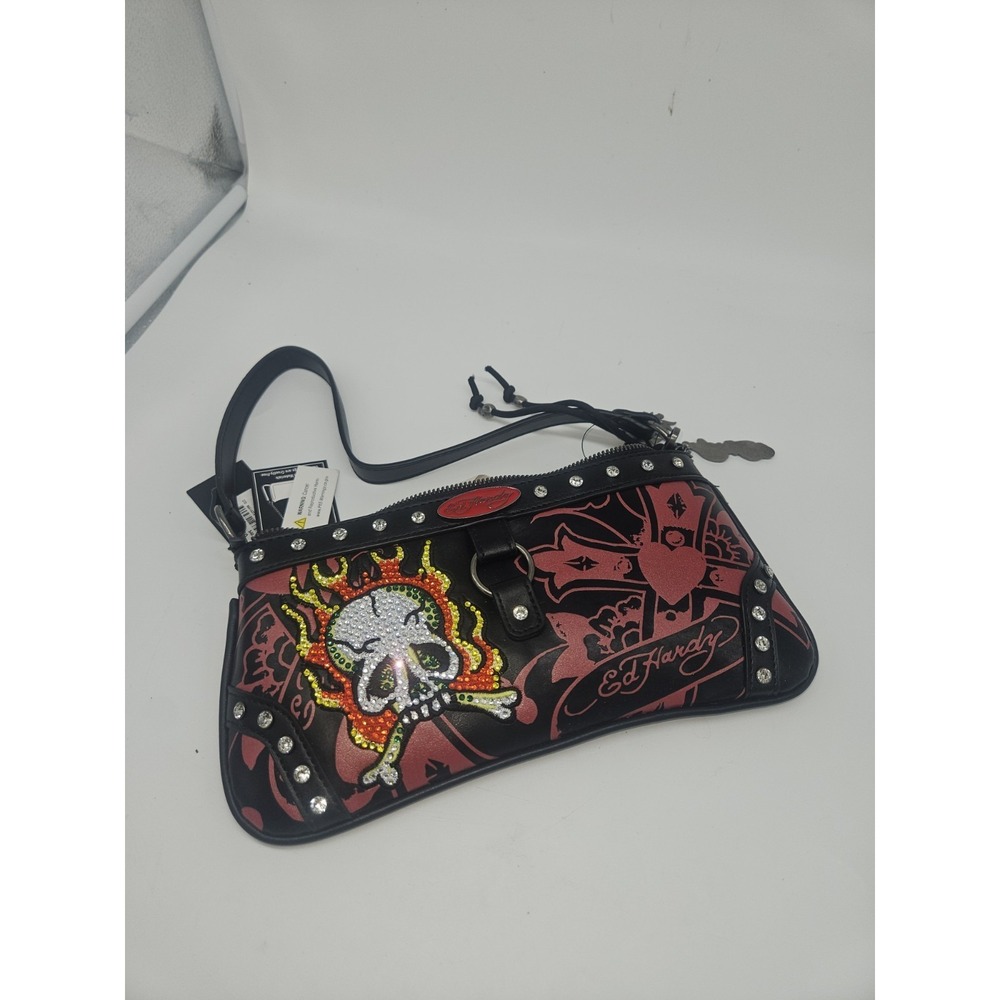 NWT Ed Hardy Shoulder Bag - Black - Sparkling Skull‎ & Cross - Rhinestone Studs